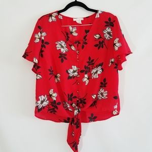 Urban Romantics Short Sleeve Red Floral Buton Top